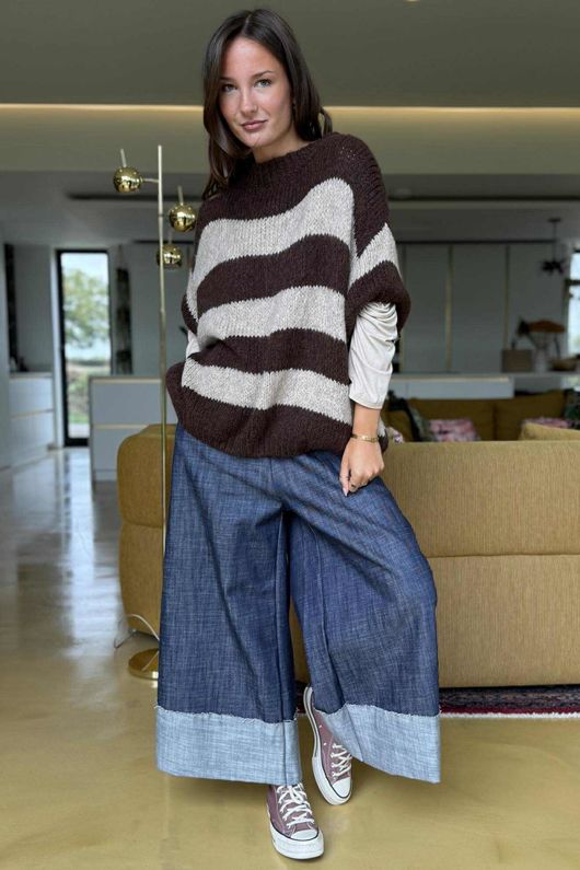  Big Softie Block Stripe Cap Sleeve Knit Top Chocolate Mocha /15=